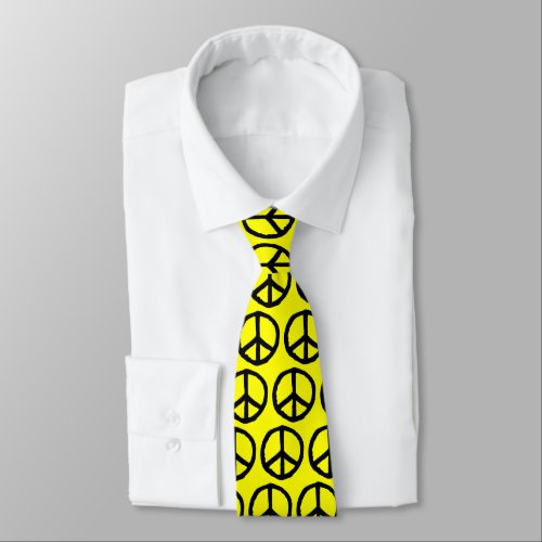 Drawn Peace Symbol _ Black on Yellow FFFF00 Neck Tie