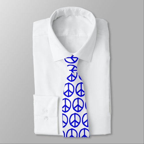 Drawn Peace Symbol _ Blue on White Neck Tie