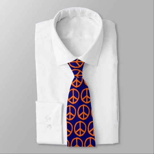 Drawn Peace Symbol _ Orange on Dark Blue Neck Tie
