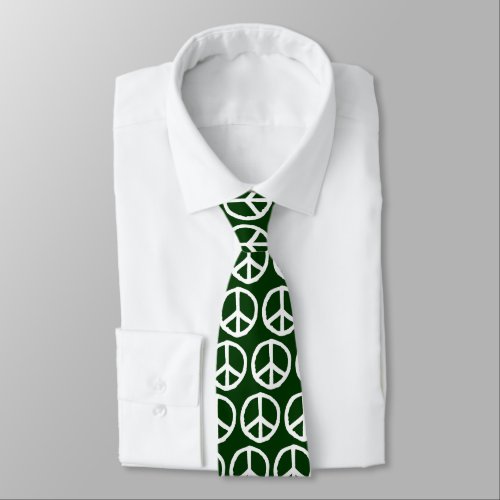 Drawn Peace Symbol _ White on Dark Green Neck Tie
