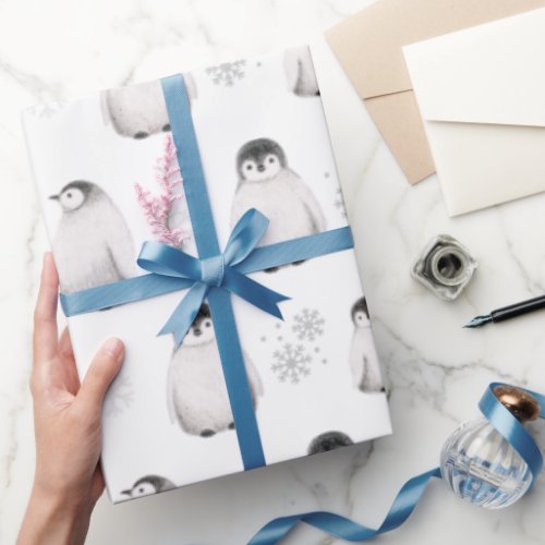 Drawn Penguins Snowflakes Winter Dreamy Gray Snow  Wrapping Paper