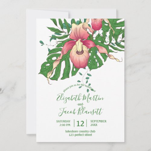 Drawn Pink and Yellow Lady Slipper Orchid Wedding Invitation