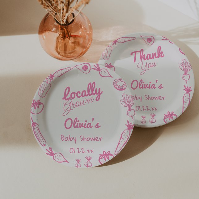 Drawn Pink Locally Grown Girly Baby Girl Shower Paper Plates (Creator Uploaded)