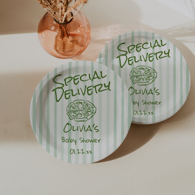 Drawn Pizza Green Special Delivery Baby Shower Paper Plates (Creator Uploaded)