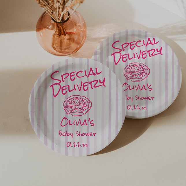 Drawn Pizza Pink Special Delivery Baby Shower Paper Plates (Creator Uploaded)