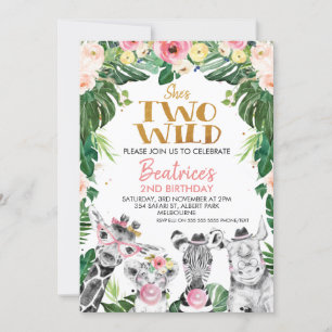 Drawn safari Animals Floral Two Wild Birthday Invitation