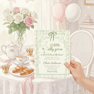 Drawn Silly Goose green Gingham Ribbon Baby Shower Invitation