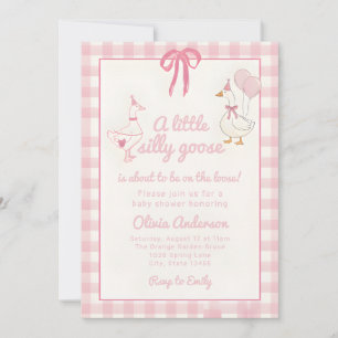Drawn Silly Goose pink Gingham Ribbon Baby Shower Invitation