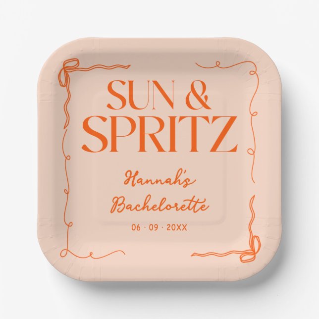Drawn Sun and Spritz Bachelorette Weekend Party Paper Plates (Front)