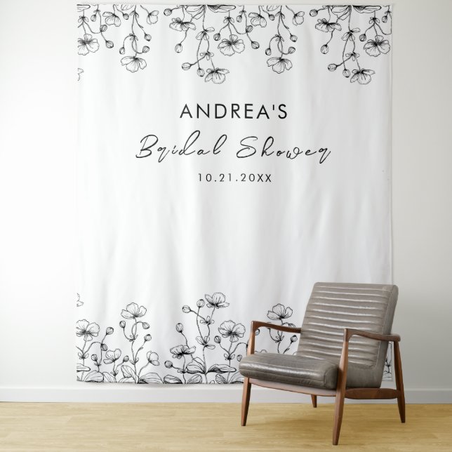 Drawn Wildflowers White Bridal Shower Backdrop (In Situ)