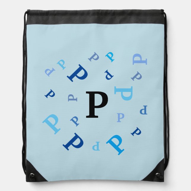 Drawstring Backpack - Jumbled Letters in Blues (Front)