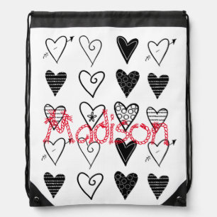 Drawstring Backpack White Black Hearts