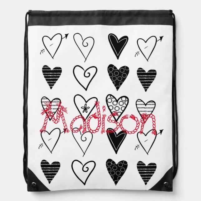 Drawstring Backpack White Black Hearts (Front)