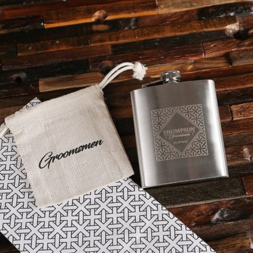 Drawstring Bag with Engraved 7 oz Whiskey Flask 