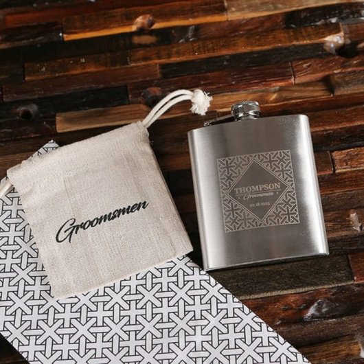 Drawstring Bag with Engraved 7 oz. Whiskey Flask  (Front)