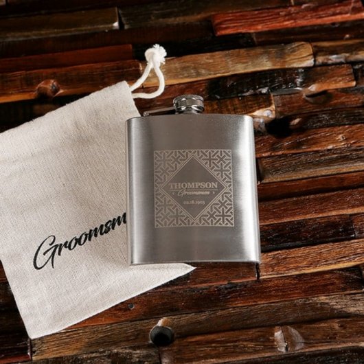 Drawstring Bag with Engraved 7 oz. Whiskey Flask  (Front)