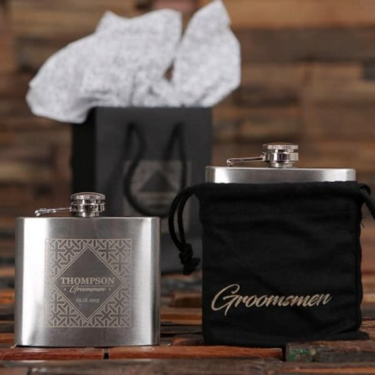 Drawstring Bag with Engraved 8 oz. Whiskey Flask (Front)