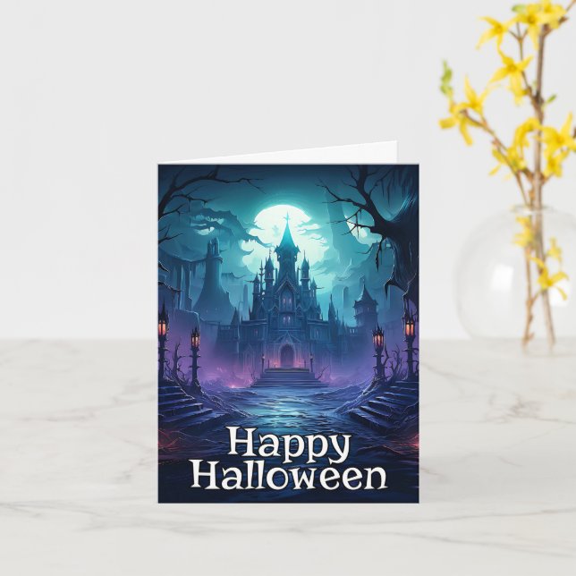Dreadful Spooky Haunted House | Happy Halloween Card (Yellow Flower)