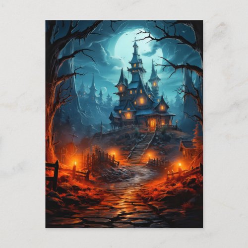 Dreadfully Spooky Haunted House Halloween Postcard