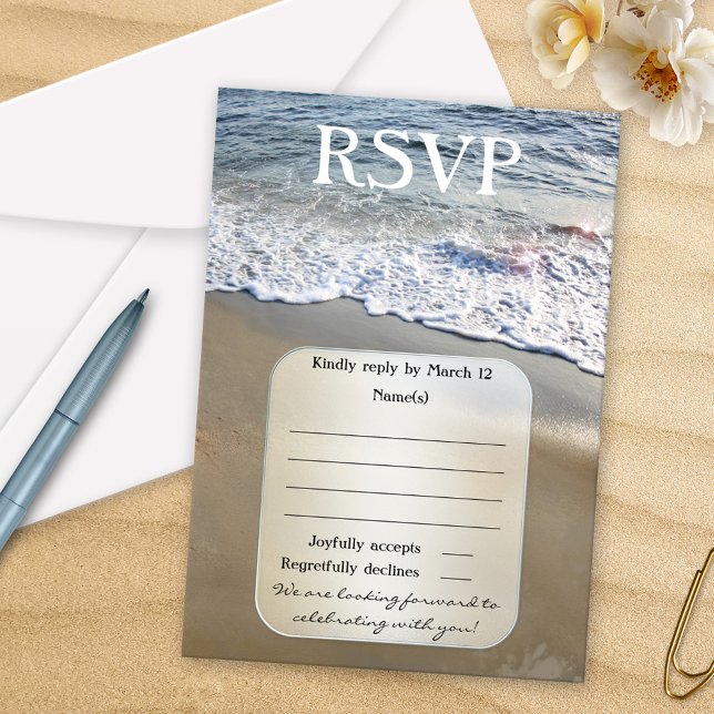 Dream Beach Wedding RSVP Card (RSVP card featuring a dreamy beach image with waves flowing on the sand)