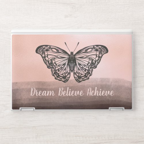 Dream Believe Achieve Blush Pink Black Butterfly HP Laptop Skin