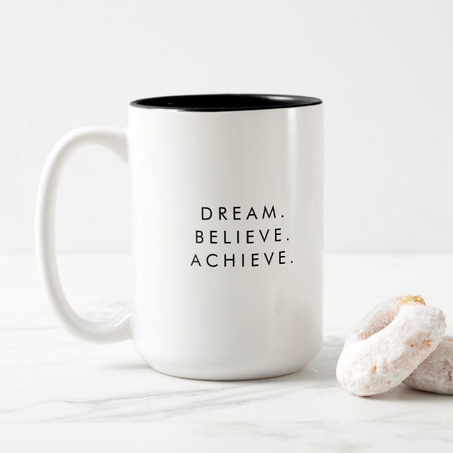 Dream Believe Achieve Custom Success Quote Two-Tone Coffee Mug (With Donut)