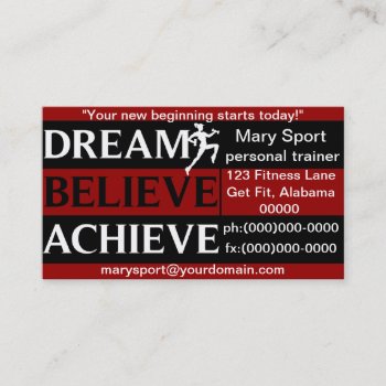 Dream Believe Achieve Personal Trainer Business Card by Baysideimages at Zazzle