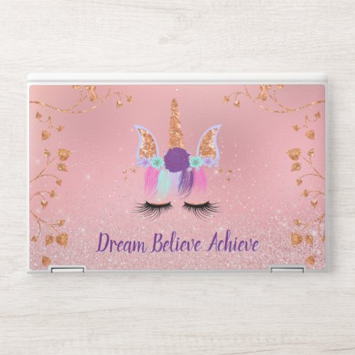 Dream Believe Achieve Rose Gold Unicorn Glitter HP Laptop Skin