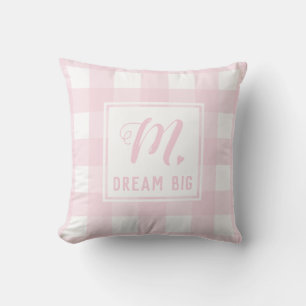 Dream Big Baby Pink Monogram Extra Large Gingham Throw Pillow