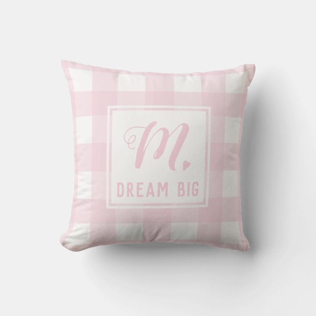 Dream Big Baby Pink Monogram Extra Large Gingham Throw Pillow (Front)