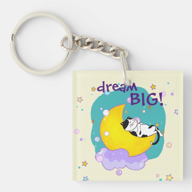 "Dream Big" Cat On Moon Inspirational Quote Keychain (Front)