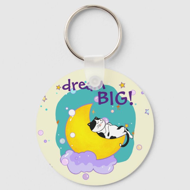 "Dream Big" Cat On Moon Inspirational Quote Keychain (Front)