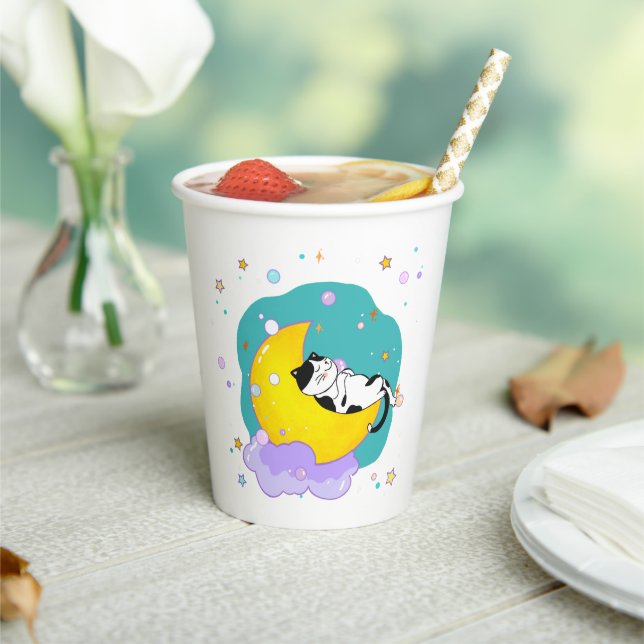 "Dream Big" Cat Sleep on Moon Inspirational Quote  Paper Cups (Insitu)