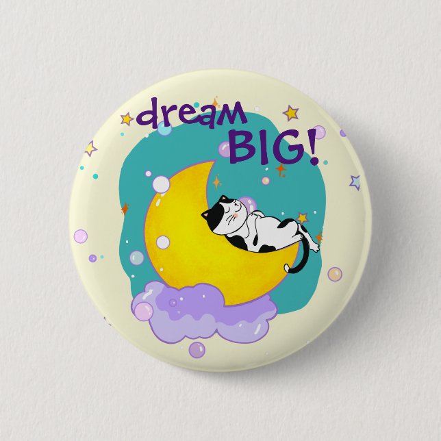 "Dream Big" Cat Sleeping On Moon Cat Lover Button (Front)