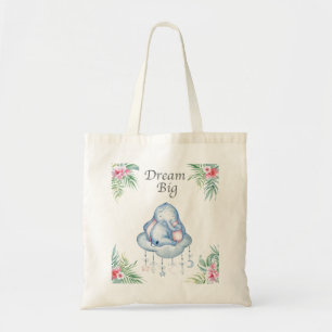 Dream Big Cute Baby Elephant Floral Tote Bag