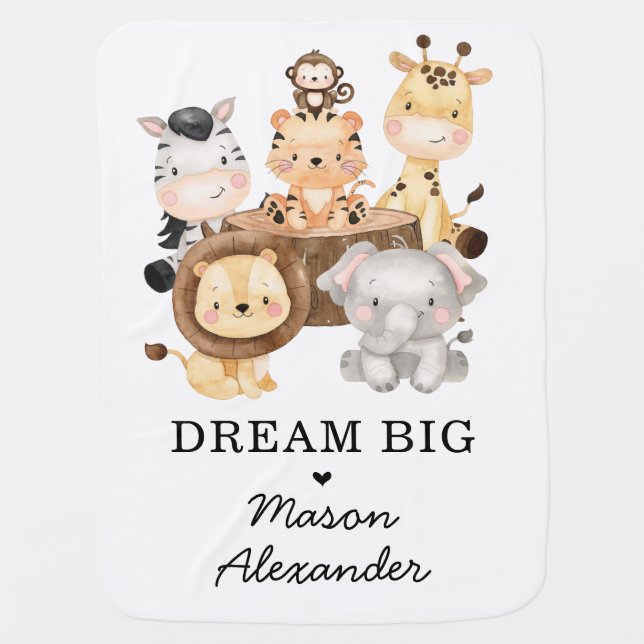 DREAM BIG Cute Watercolor Safari Animals Monogram Baby Blanket (Front)
