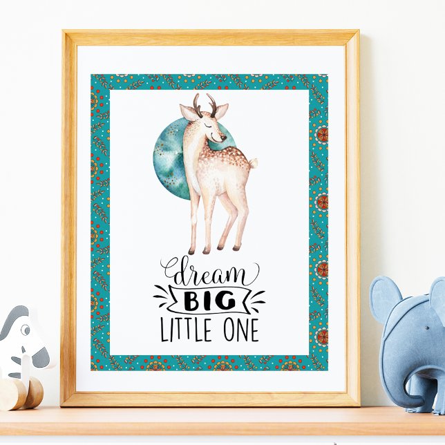 Dream Big Deer Boho Blue Border Nursery Art Poster (Creator Uploaded)