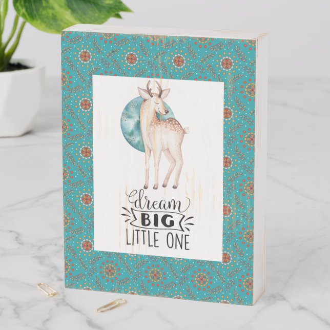 Dream Big Deer Boho Blue Border  Wooden Box Sign (In Situ Vertical)