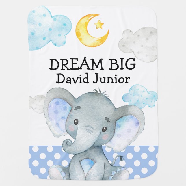 Dream Big Elephant Boy Personalized Nursery Baby Blanket (Front)