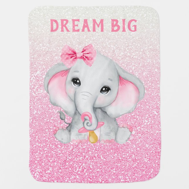 Dream Big Elephant Pink Glitter Baby Blanket (Front)