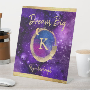 Dream Big Purple Galaxy Glam Gold Monogram Name Desk Organizer