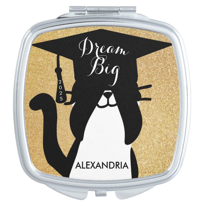 Dream Big Graduation Black White Cat Gold Glitter Compact Mirror