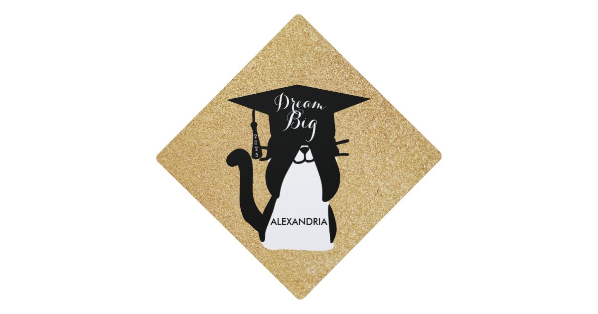 Dream Big Graduation Black White Cat Gold Glitter Graduation Cap