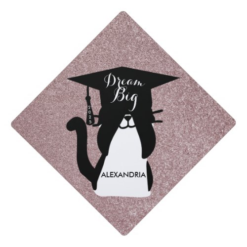 Dream Big Graduation Cat Rose Gold Glitter Graduation Cap Topper