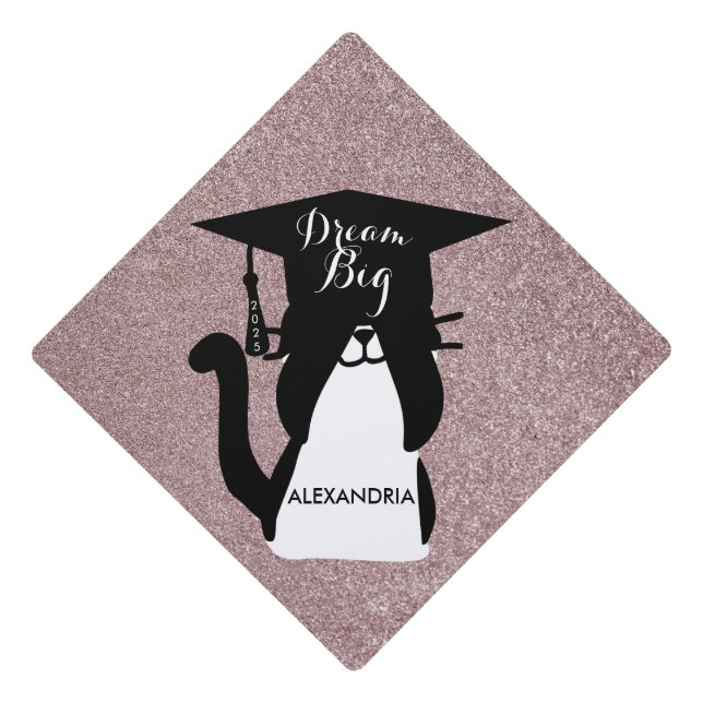 Dream Big Graduation Cat Rose Gold Glitter Graduation Cap Topper (Front)