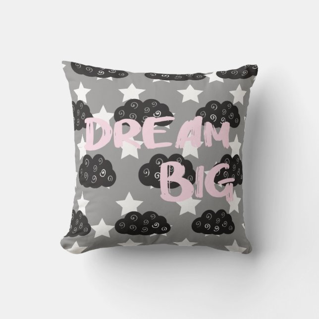 Dream Big Gray and Blush Brush Script Throw Pillow (Front)