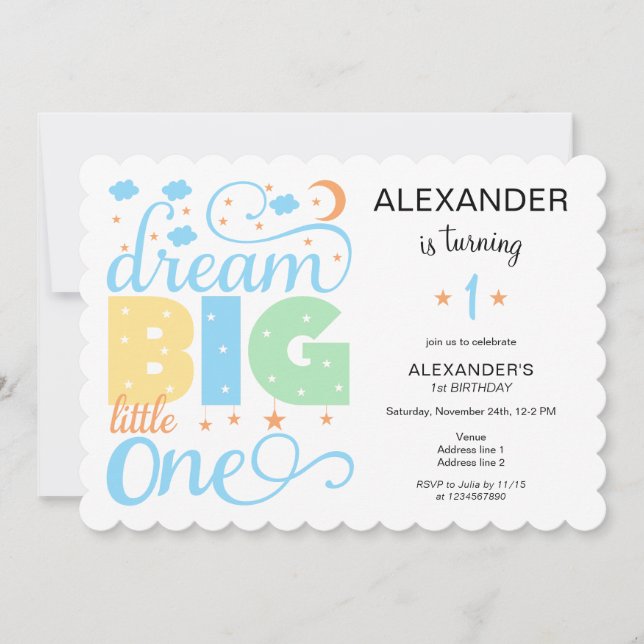 Dream Big Little One Blue Baby Boy 1st Birthday Invitation (Front)