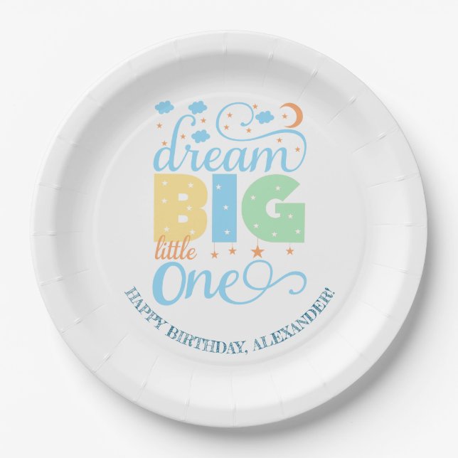 Dream Big Little One Blue Baby Boy 1st Birthday Paper Plates (Front)