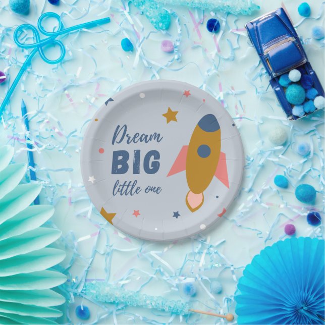 Dream Big Little One Cute Cartoon Space Rocket Paper Plates (Party)