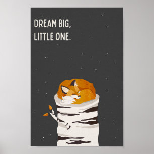 "Dream Big Little One" Cute Fox & Moon Art Kids Poster